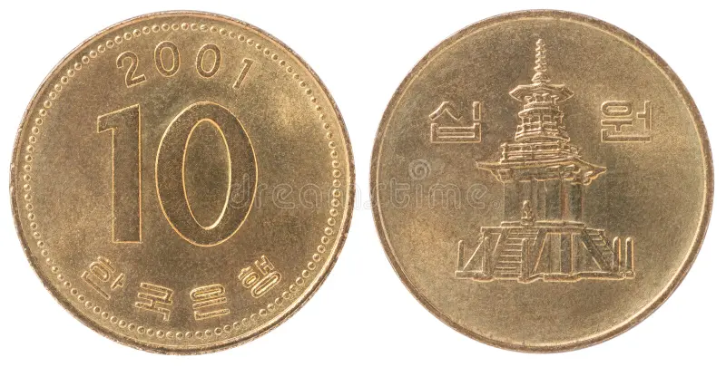 <p>Moneda de 10 wones: en ella se encuentra el dibujo de '다보탑', Tesoro Nacional No. 20, en un templo llamado '불국사'.</p>