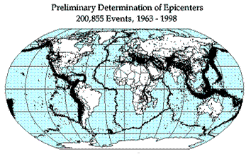 <p>Earthquake epicenters (center of where the earthquake started) were mapped for a 35 year period in the diagram above. The black dots indicate these epicenters. The black dots appear along what feature on Earth?</p>