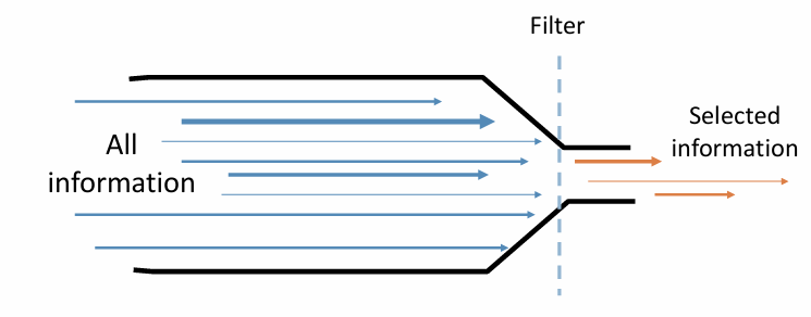 <ul><li><p><strong>Bottleneck Theory</strong>: Humans have a limited amount of attentional resources due to processing that happens in serial order (i.e., only one thing can be processed at a time)</p></li><li><p>When we receive visual input, photoreceptors in the retina initially take in the entire visual scene —> information is transmitted to the visual areas of brain, where neurons fire to process it. However, because of limited processing capacity, the brain reduces this flood of information to only the most important features.</p></li><li><p><strong>Picture</strong>: At football game, might initially see everything: Friend beside you, the goal posts, players running. Brain filters this down to about 10–20 key items that you consciously become aware of, such as friend and blue sky. Brain only focuses on relevant and meaningful stimuli, preventing overload and allowing effective attention and perception. Brain’s limited processing resources, acting like a funnel that narrows down information from the entire scene to what is most important.</p></li></ul><p></p>