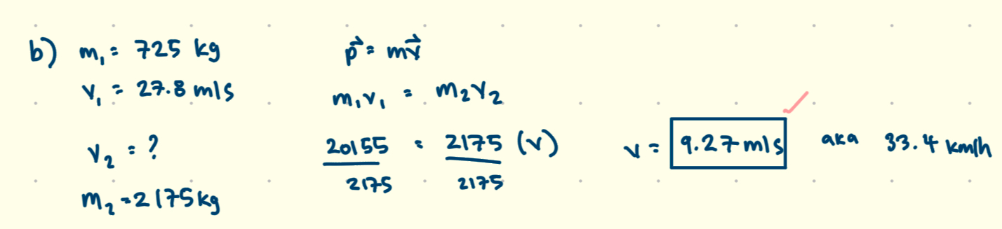 <p>To find the velocity of the larger car that results in equal momentum to the smaller car, use the momentum formula ( p = mv ). Set the momentum of the smaller car ( 20145 kg·m/s ) equal to the momentum of the larger car ( 2175 kg × v ). Solving for v gives v = 20145 / 2175, resulting in approximately 9.25 m/s. </p>