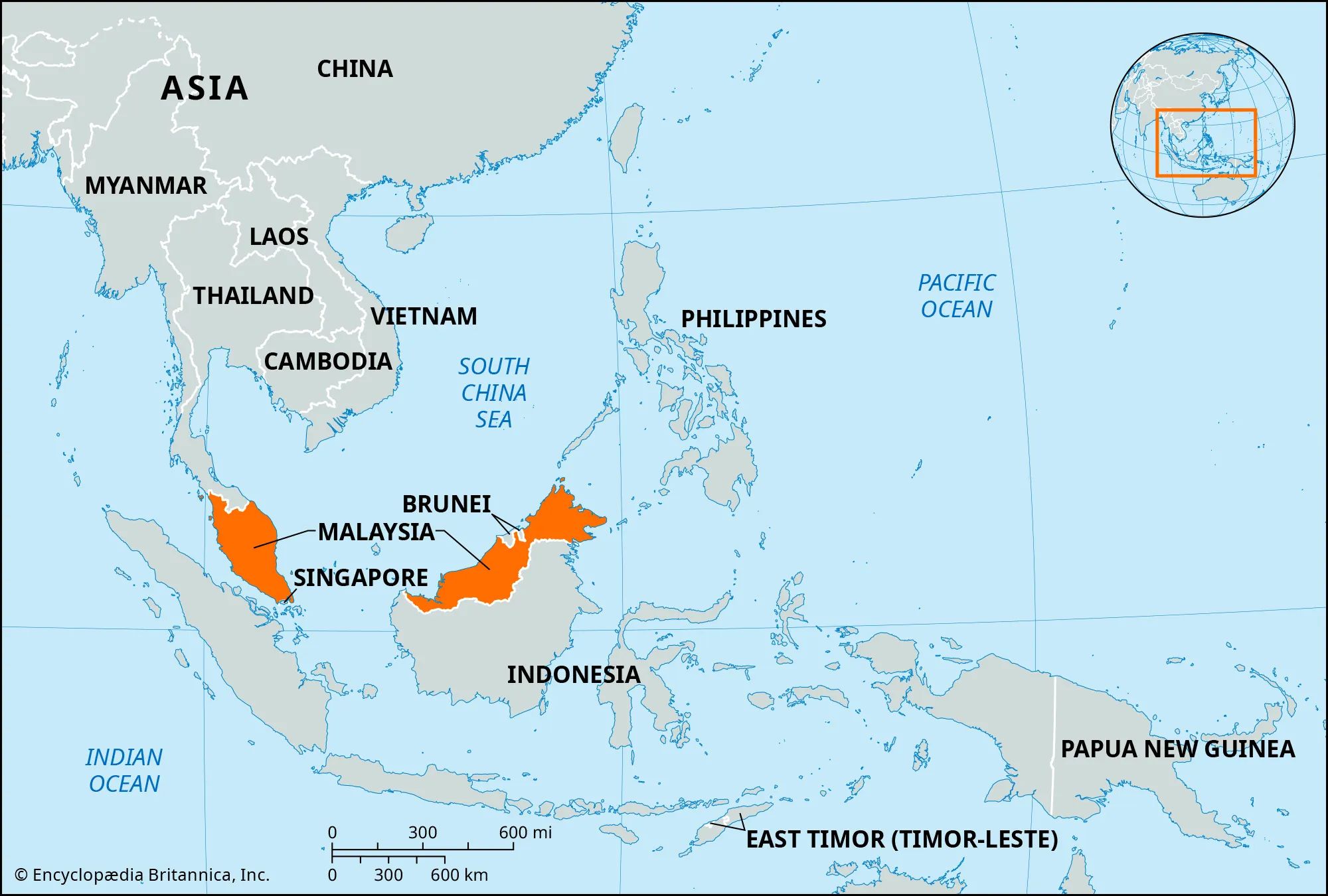 <p>separated by the South China Sea into two regions: Peninsular Malaysia on the Indochinese Peninsula and East Malaysia on the island of Borneo</p>