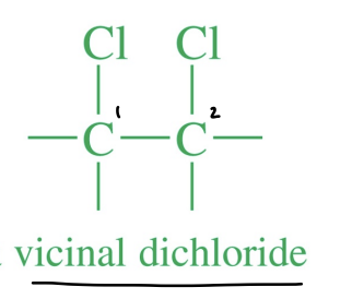 <p>A molecule containing halogens on two adjacent carbons.</p>