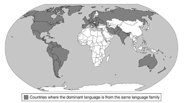 <p><span><span>The map shows the distribution of the language family that has the largest number of speakers in the world. Which statement correctly identifies the language family shown and the method of diffusion that best explains the pattern?</span></span></p>