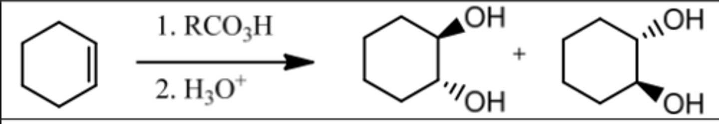 <p>Reagents: 1. RCO₃H (MCPBA)</p><p>2. H₃O⁺</p><p>What's Added: OH &amp; OH</p><p>Regioselectivity: -</p><p>Sterioselectivity: Anti Addition</p><p>Intermediate: Epoxide</p>