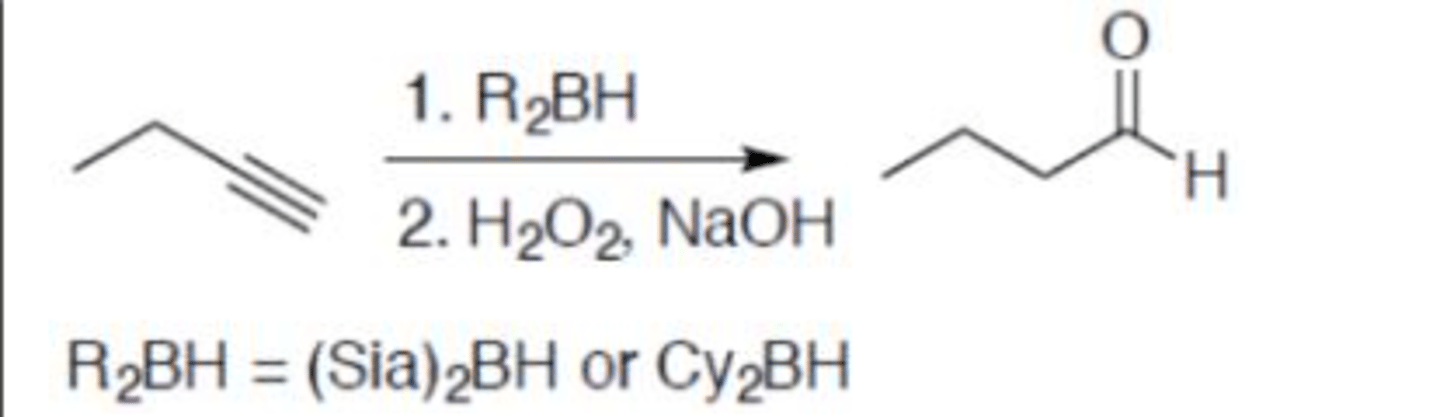 <p>Carbocation: no</p><p>Regiochemistry: anti-mark</p><p>Stereoselectivity: N/A</p><p>Reagent(s): 1. R2BH = (Sia)2BH or Cy2BH 2. H2O2, NaOH</p><p>- Adds a =O and hydrogen to terminal carbon (makes aldehyde)</p>
