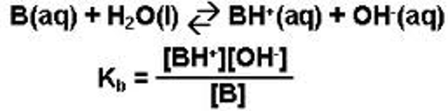 <p>-base dissociation constant</p><p>Kb=([B+][OH-])/([BOH])</p><p>-the smaller the Kb, the weaker the base</p>