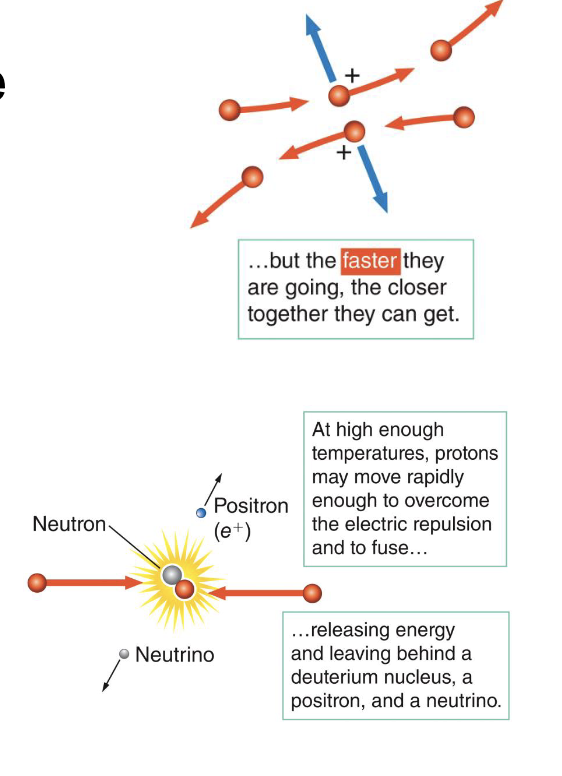 <p>The Sun gets most of its energy from <strong>nuclear fusion,</strong> the only source of power great enough to sustain the sun this long. </p><p>Nuclear fusion <strong>happens in the sun’s core</strong> and involves the fusing of atomic nuclei to form heavier elements.</p><p>Nuclei consist of protons (positive charge) and neutrons (no charge). <strong>Electric forces</strong> pushes protons apart (like repels like) but fusion needs protons to be slammed together at high speed. They come together at short distances because of <strong>strong nuclear force. </strong></p><p>When protons slam together, it creates a more massive nuclei from the less massive one but it<strong> loses mass in the process.</strong> Lost mass is converted to energy using E=mc². </p><p>Because the sun’s core is dense, it’s <strong>more likely</strong> for protons to collide than on Earth.</p>