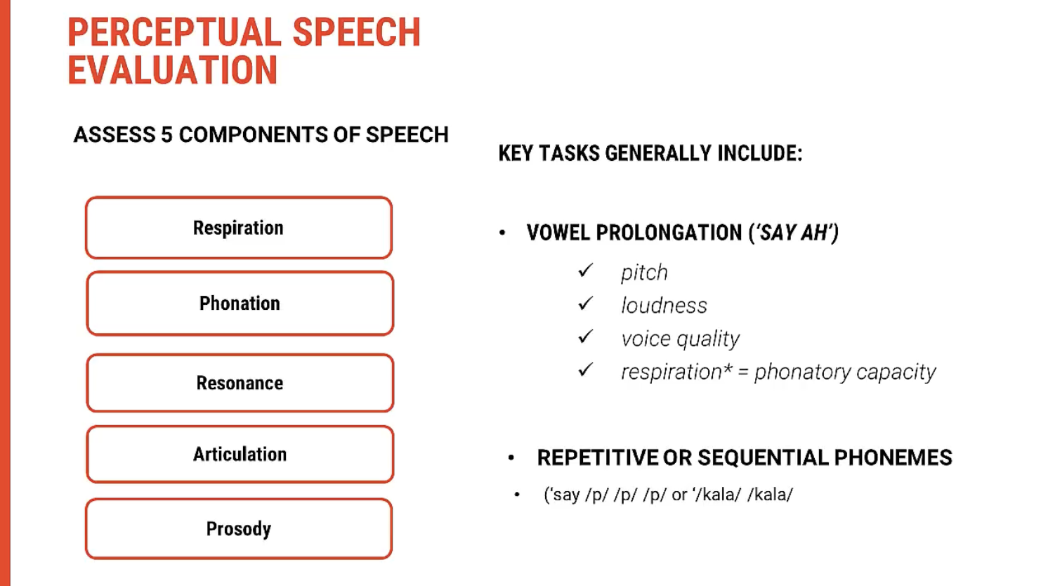 <p><span data-name="brain" data-type="emoji">🧠</span><span><strong>&nbsp;What Is a Perceptual Assessment?</strong></span></p><ul><li><p><span>A&nbsp;<strong>perceptual assessment</strong>&nbsp;involves&nbsp;<strong>listening to and observing speech production</strong>&nbsp;to evaluate how the different components of the motor speech system are functioning.</span></p></li><li><p><span>It is the&nbsp;<strong>primary clinical tool</strong>&nbsp;used to diagnose&nbsp;<strong>dysarthria types</strong>&nbsp;and guide&nbsp;<strong>treatment planning</strong>.</span></p></li><li><p><span>It helps identify&nbsp;<strong>which subsystems are impaired</strong>&nbsp;and the&nbsp;<strong>nature of those impairments</strong>.</span></p></li></ul><p>&nbsp;</p><p><span data-name="bullseye" data-type="emoji">🎯</span><span><strong>&nbsp;Aims of the Assessment</strong></span></p><ul><li><p><span><strong>Elicit behaviours</strong>&nbsp;that inform both&nbsp;<strong>diagnosis</strong>&nbsp;and&nbsp;<strong>management</strong>.</span></p></li><li><p><span>Establish&nbsp;<strong>which components of speech are within normal limits</strong>, and which are&nbsp;<strong>disrupted</strong>.</span></p></li><li><p><span>Detect&nbsp;<strong>patterns of impairment</strong>&nbsp;across:</span></p><ul><li><p><span><strong>Respiration</strong></span></p></li><li><p><span><strong>Phonation</strong></span></p></li><li><p><span><strong>Resonance</strong></span></p></li><li><p><span><strong>Articulation</strong></span></p></li><li><p><span><strong>Prosody</strong></span></p></li></ul></li></ul><p>&nbsp;</p><p><span data-name="eyes" data-type="emoji">👀</span><span><strong>&nbsp;What Do We Observe and Listen For?</strong></span></p><ul><li><p><span>Changes in&nbsp;<strong>clarity</strong>,&nbsp;<strong>loudness</strong>,&nbsp;<strong>pitch</strong>,&nbsp;<strong>intonation</strong>,&nbsp;<strong>nasality</strong>,&nbsp;<strong>voice quality</strong>, and&nbsp;<strong>speech rate</strong>.</span></p></li><li><p><span>Evaluate speech characteristics in&nbsp;<strong>connected speech</strong>,&nbsp;<strong>isolated sounds</strong>, and&nbsp;<strong>repetitive tasks</strong>.</span></p></li></ul><p>&nbsp;</p><p><span data-name="test_tube" data-type="emoji">🧪</span><span><strong>&nbsp;Common Perceptual Tasks Used</strong></span></p><table style="min-width: 50px"><colgroup><col style="min-width: 25px"><col style="min-width: 25px"></colgroup><tbody><tr><td colspan="1" rowspan="1" style="border-width:0pt;vertical-align:top;width:3.077in;padding:4pt 4pt 4pt 4pt"><p><span><strong>Task</strong></span></p></td><td colspan="1" rowspan="1" style="border-width:0pt;vertical-align:top;width:4.5013in;padding:4pt 4pt 4pt 4pt"><p><span><strong>Purpose</strong></span></p></td></tr><tr><td colspan="1" rowspan="1" style="border-width:0pt;vertical-align:top;width:3.077in;padding:4pt 4pt 4pt 4pt"><p><span><strong>Vowel prolongation</strong></span> (e.g. /a/)</p></td><td colspan="1" rowspan="1" style="border-width:0pt;vertical-align:top;width:4.5013in;padding:4pt 4pt 4pt 4pt"><p>Assesses <span><strong>phonatory control</strong></span>, <span><strong>sustained breath support</strong></span>, and <span><strong>voice quality</strong></span></p></td></tr><tr><td colspan="1" rowspan="1" style="border-width:0pt;vertical-align:top;width:3.077in;padding:4pt 4pt 4pt 4pt"><p><span><strong>Alternating Motion Rates (AMRs)</strong></span> (e.g. “puh-puh-puh”)</p></td><td colspan="1" rowspan="1" style="border-width:0pt;vertical-align:top;width:4.5013in;padding:4pt 4pt 4pt 4pt"><p>Measures <span><strong>speed</strong></span> and <span><strong>regularity</strong></span> of repetitive articulatory movements</p></td></tr><tr><td colspan="1" rowspan="1" style="border-width:0pt;vertical-align:top;width:3.077in;padding:4pt 4pt 4pt 4pt"><p><span><strong>Sequential Motion Rates (SMRs)</strong></span> (e.g. “puh-tuh-kuh”)</p></td><td colspan="1" rowspan="1" style="border-width:0pt;vertical-align:top;width:4.5326in;padding:4pt 4pt 4pt 4pt"><p>Assesses <span><strong>ability to rapidly sequence</strong></span> different articulatory movements</p></td></tr><tr><td colspan="1" rowspan="1" style="border-width:0pt;vertical-align:top;width:3.077in;padding:4pt 4pt 4pt 4pt"><p><span><strong>Spontaneous speech or reading aloud</strong></span></p></td><td colspan="1" rowspan="1" style="border-width:0pt;vertical-align:top;width:4.5013in;padding:4pt 4pt 4pt 4pt"><p>Assesses <span><strong>natural prosody</strong></span>, <span><strong>articulatory precision</strong></span>, <span><strong>resonance</strong></span>, and <span><strong>overall intelligibility</strong></span></p></td></tr><tr><td colspan="1" rowspan="1" style="border-width:0pt;vertical-align:top;width:3.077in;padding:4pt 4pt 4pt 4pt"><p><span><strong>Sentence repetition</strong></span> or <span><strong>paragraph reading</strong></span></p></td><td colspan="1" rowspan="1" style="border-width:0pt;vertical-align:top;width:4.5013in;padding:4pt 4pt 4pt 4pt"><p>Allows observation of <span><strong>connected speech features</strong></span>, such as <span><strong>stress</strong></span> and <span><strong>intonation</strong></span></p></td></tr></tbody></table><p>&nbsp;</p><p>&nbsp;</p><p><span data-name="compass" data-type="emoji">🧭</span><span><strong>&nbsp;Interpreting the Findings</strong></span></p><ul><li><p><span>We compare&nbsp;<strong>client performance</strong>&nbsp;to what is&nbsp;<strong>expected</strong>&nbsp;in typical motor speech.</span></p></li><li><p><span>Features like&nbsp;<strong>shortened vowel prolongation (&lt;3 seconds)</strong>&nbsp;may indicate&nbsp;<strong>reduced respiratory support</strong>&nbsp;or&nbsp;<strong>glottal insufficiency</strong>.</span></p></li><li><p><span><strong>Irregular AMRs/SMRs</strong>&nbsp;can suggest&nbsp;<strong>cerebellar dysfunction</strong>&nbsp;(ataxic dysarthria) or&nbsp;<strong>basal ganglia issues</strong>&nbsp;(hypo-/hyperkinetic dysarthria).</span></p></li></ul><p></p>