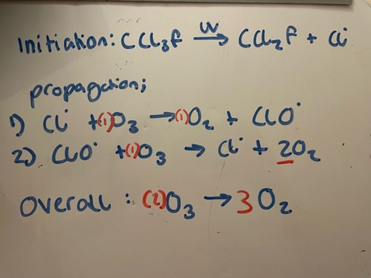 <p>Initiation : C-Cl bond in CFC broken by sunlight to form C and Cl radical</p><p>Propagation:</p><p>1) Cl radical bonds with an O in O3</p><p>2) ClO radical form reacts with more ozone in the atmosphere</p><p>There is an overall equation for both propagation steps</p>