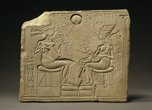 <p>Akhenaten, Nefertiti, and three daughters </p><ul><li><p>New Kingdom (Amarna period), 18th Dynasty </p></li><li><p>c. 1353 - 1335 BCE </p></li><li><p>limestone </p></li></ul><p></p>