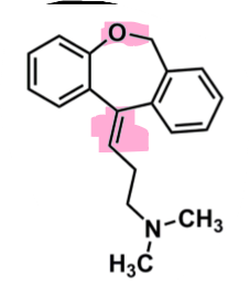 <ul><li><p>dibenzeoxepin derivative</p><ul><li><p>added O → creates diastereomers (E better activity)</p></li><li><p>E-isomer more selective to NET </p></li></ul></li><li><p>lower binding affinity versus imipramine&nbsp;</p></li><li><p>tertiary amine</p><ul><li><p>can be converted to secondary amine&nbsp;more selective to NET </p></li></ul></li></ul><p></p>