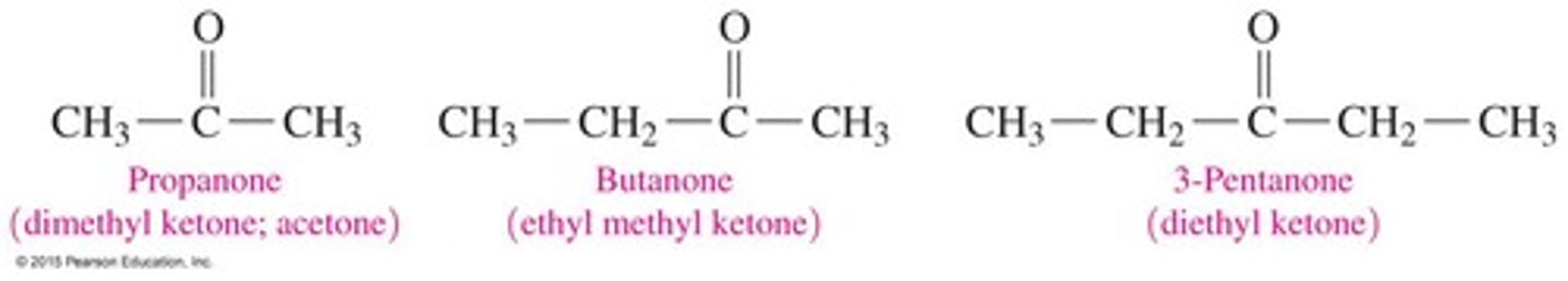 <p>In a ketone, the carbonyl group is in the middle of the chain. In the IUPAC system, name by replacing the e with one.</p>