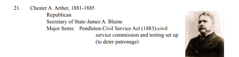 <p>GILDED AGE: 1877-1900</p><ul><li><p>Pendleton Civil Service Reform Act: Arthur signed this act into law, establishing a merit-based system for federal employment.</p></li></ul>