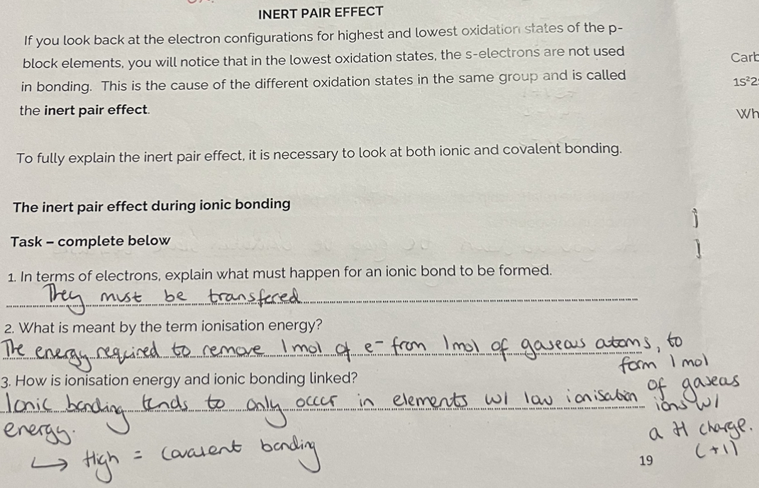 <p>As you go down group 4, the Ionisation Energy decreases, however there is a slight increase from Sn —> Pb.</p><p>In tin and lead (which prefer to bond ionically), the p2 e- do take part in bonding, the s2 e- do not, due to the inert pair effect.</p>