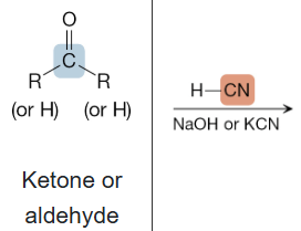 <p>What is the product of the reaction between a ketone or aldehyde, and H-CN (1st step), and NaOH or KCN (2nd step)?</p>