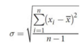 <p>calculated by taking the difference between each data point and the mean, squaring this value, dividing the sum of all of these squared values by the number of points in the data set minus one, and then taking the square root of the result</p><p>where σ is the standard deviation, xi to xn are the values of all of the data points in the set, is the mean, and n is the number of data points in the set.</p>