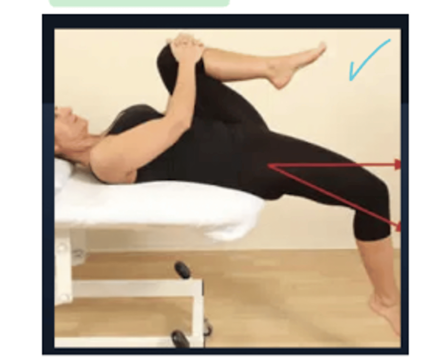<p>Iliopsoas - 1 joint muscle → if high is parallel or below the table this is good</p><p>Rectus femoris - 2 joint muscle → amount of knee flexion, if its a large angle its probably tight</p><p>TFL → IR means tightness</p><p>Sartorius → ER means tightness</p>