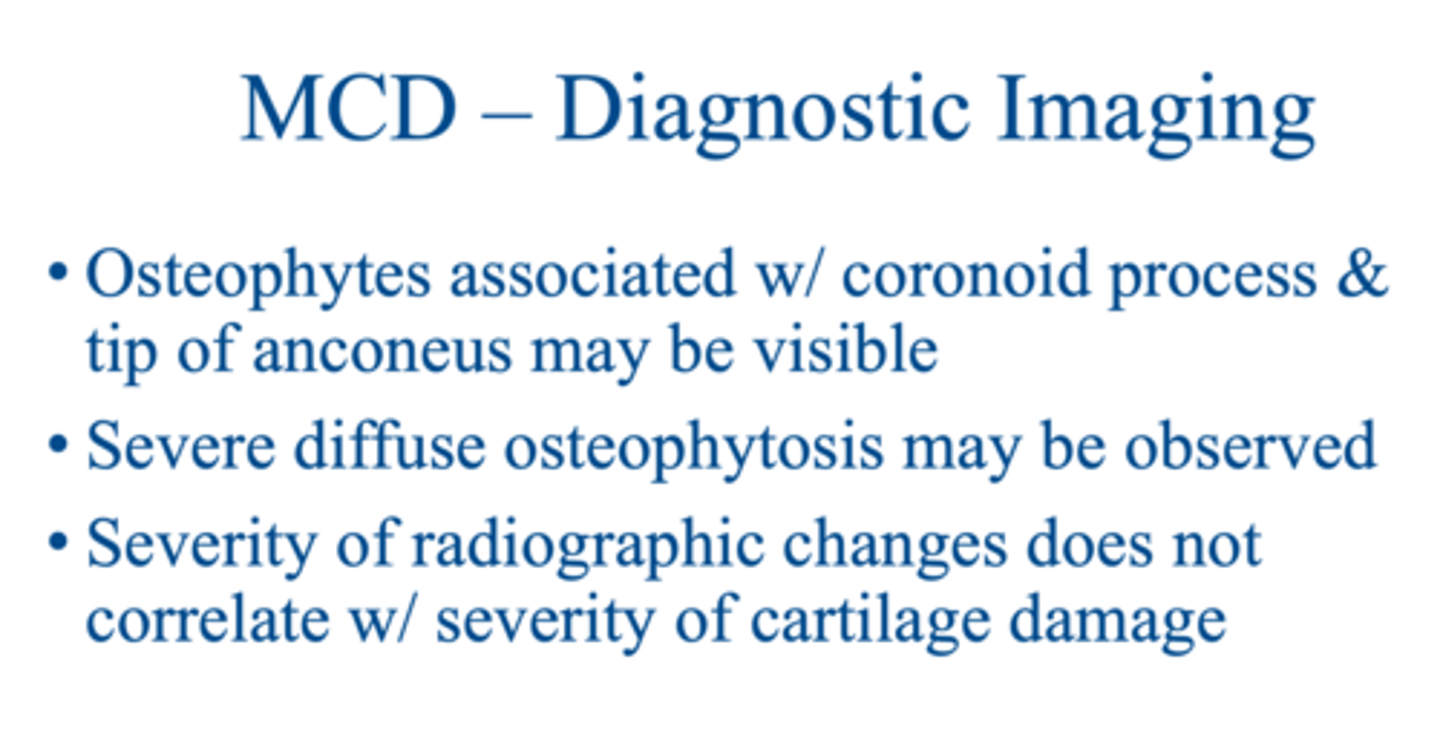 <p>medial compartment disease (MCD) is dx. by radiographic signs of DJD but but it is important to note that...</p>