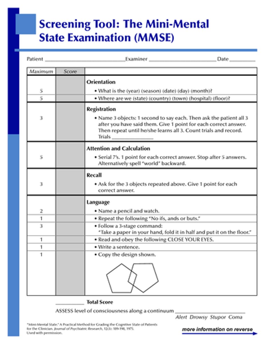 <p>A simplified scored assessment of cognitive functions--not mood or thought processes. It includes a brief assessment of memory, orientation to time and place, naming, reading, copying or visual-space orientation, writing, and the ability to follow a 3-stage command. (Requires pencil and paper). Used to detect dementia and delirium and to differentiate these from psychiatric and mental illness</p>