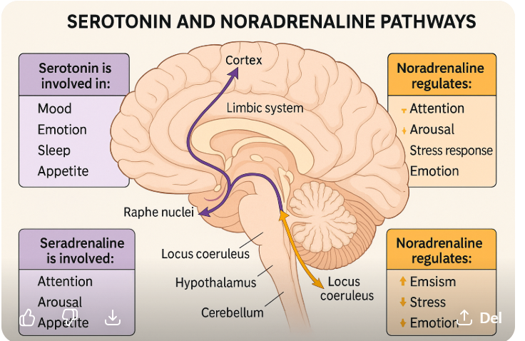 <p>Starter i Locus coeruleus</p><p>Går til limbiske system, hypothalamus, ryggmarg og hypocampus</p><p>Regulerer: fight or flight, stress, smerte, opperksomhet og konsentrasjonen</p>