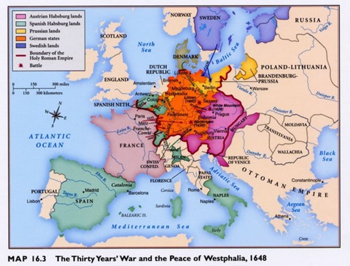 <p>a war that resulted from the Protestant Reformation (1618-1648 CE); occurred in the Holy Roman Empire between German Protestants and their allies (Sweden, Denmark, France) and the emperor and his ally, Spain who supported Roman Catholicism; ended in 1648 after great destruction with Treaty of Westphalia</p>