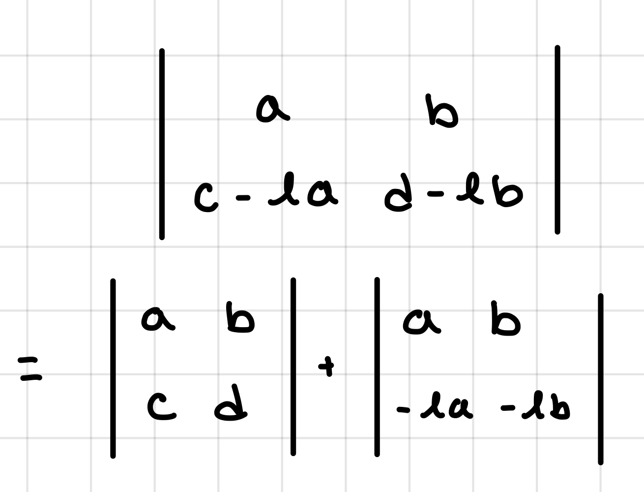 <p>What happens to the determinant of a matrix when…</p><ul><li><p>subtract <em>l </em>* row i from row k</p></li></ul>