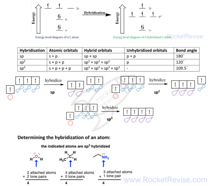 <ul><li><p>each atomic orbital will participate in a covalent bond needs to be singly occupied( one electron in an orbital)</p></li><li><p>E.g. of C atom form 4 bonds</p></li><li><p>Determine sp, sp<sup>2</sup>,sp<sup>3</sup> :<br>- sp don’t have pi bond<br>- sp<sup>2</sup> have one pi bond<br>- sp<sup>3</sup> have two pi bonds</p></li></ul><p></p>