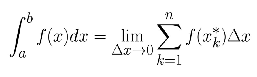 <p>( \int_{a}^{b} f(x) \,dx )</p><p>limdeltax→0 \sum<em>{i=1}^{n} f(x</em>i^*) * Delta x</p><p>limn→infinity \sum{i=1}^<em>{n} f(x</em>i^*) * Delta x</p>