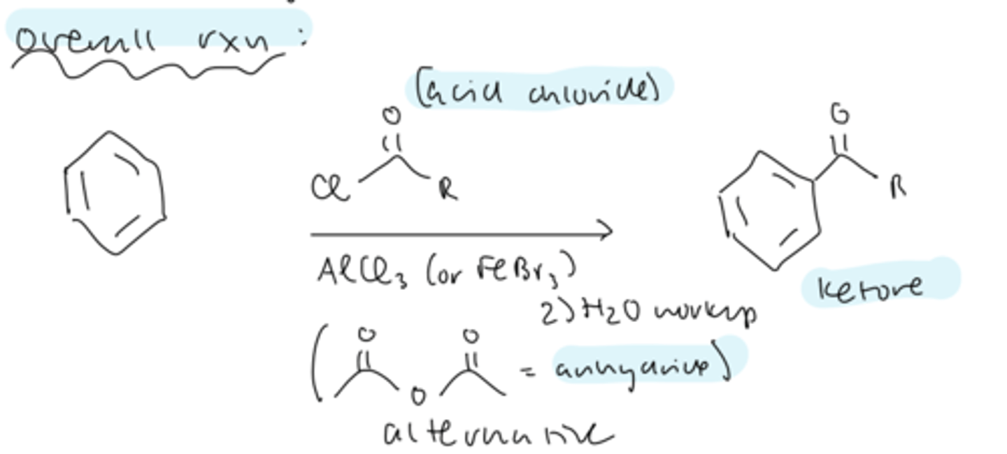 <p>benzene --&gt; ketone</p><p>treat benzene with acid chloride, AlCl3 or FeBr3</p><p>then perform aqueous workup</p>