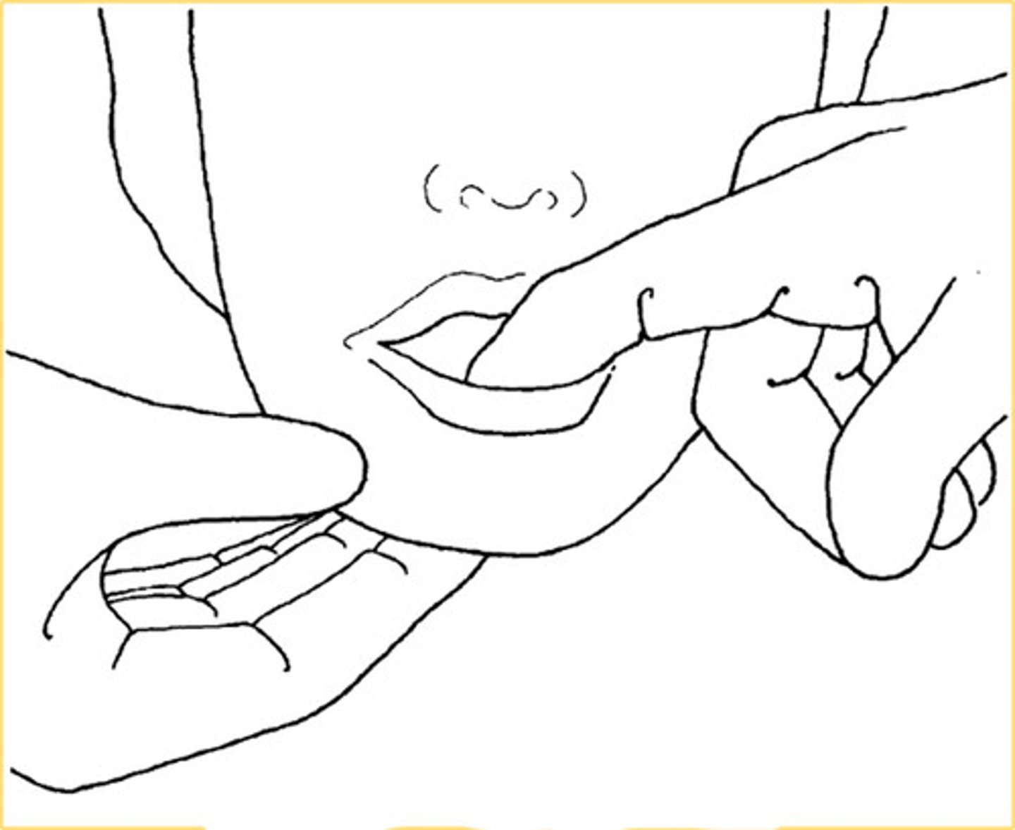 <p>~both hands</p><p>Ex: floor of mouth</p>