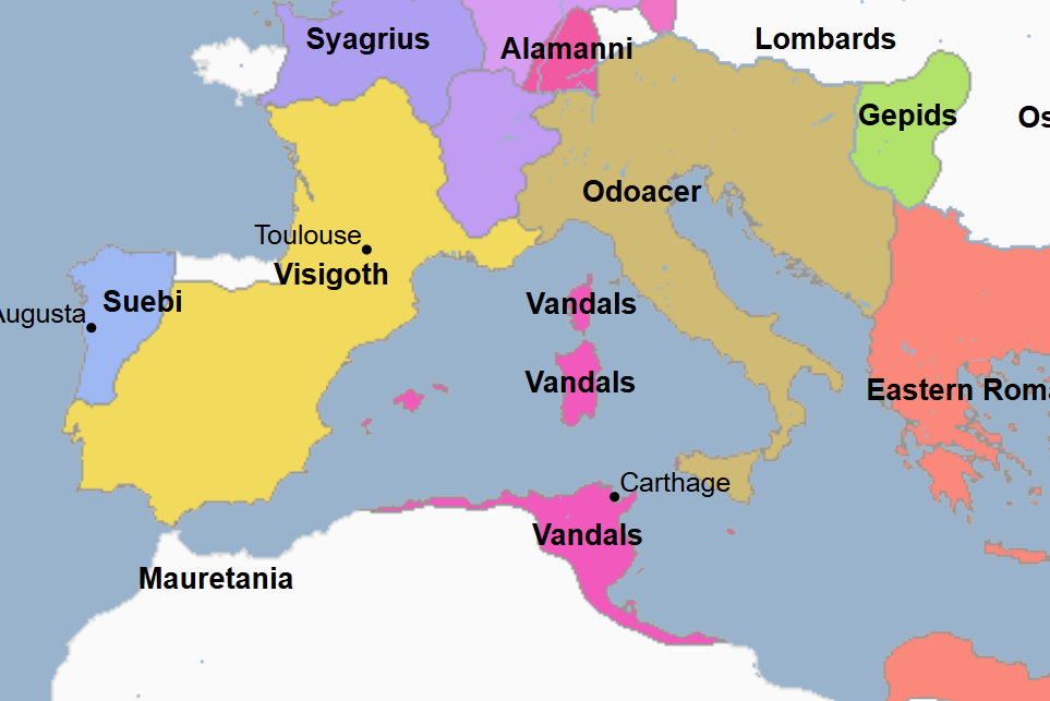 <ul><li><p>First King of the Vandals who founded the Vandal Kingdom; he</p><ul><li><p>Led 80K Vandals, 15K of which were warriors, across the Straits of Gibraltar, from Spain into North Africa</p></li><li><p>Sacked and looted city after city until he reached Carthage, which he promptly took from the Romans </p></li><li><p>Caused a devastating blow to Rome, since North Africa was its main source for wheat and thus for bread </p></li><li><p>Was formally granted the lands he taken by Rome in a desperate attempt by them to appease him not to take anymore, but that did not quell his ambitions</p></li><li><p>Confiscated Roman estates throughout Carthage and Roman Africa in which he and his men lived in unprecedented luxury and idleness as a result</p></li></ul></li><li><p>He</p><ul><li><p>Led the Vandals to besiege and capture Hippo in 430</p></li><li><p>Led the Vandals against Flavius Aetius in the Vandal Wars, in which he successfully <span>defended his established kingdom against several Roman attempts to take back North Africa</span></p></li><li><p><span>Signed a peace treaty with Valentinian III and the Romans, with the approval of Theodosius II, ending the Vandal Wars</span></p><ul><li><p>It granted the namesake full rights to be an independent ruler over most of the Roman province of Africa (Tunisia and Western Libya), leading to the formation of the Vandal Kingdom </p></li><li><p>In exchange, the namesake agreed to give Sicily, Numidia, and Mauretania (Morocco and Algeria) back to Rome</p></li></ul></li><li><p>Oversaw the construction of a fleet of fast ships, which he made in attempt to try to control the western Mediterranean</p></li><li><p>Led the Vandals and oversaw the Second Sack of Rome, in which he and his forces </p><ul><li><p>Defeated the Romans and take the namesake heart of the Roman Empire, pillaging it for two weeks straight, upon the death of Valentinian III</p></li><li><p>Seized </p><ul><li><p>The remainder of Roman North Africa </p></li><li><p>Sardinia and Corsica </p></li><li><p>Spoils taken by Titus from Jerusalem back in 70 CE </p></li><li><p>Thousands of captives</p></li><li><p>Empress Eudoxia and her daughters </p></li></ul></li><li><p>Took Rome due to their powerful fleet </p><ul><li><p>Despite being his ally, Gaiseric took Valentinian III’s murder as a sign that all treaty obligations with him were nullified </p></li><li><p>After this, the fleet roamed freely throughout the western Mediterranean ready to take more land and booty </p></li></ul></li></ul></li><li><p>Led the Vandals in conquering Sicily</p></li></ul></li></ul><ul><li><p>He oversaw a violent persecution against (non-Arian) Nicene Christians (Catholics)</p><ul><li><p>Romans who held office in the administration of the Vandal Kingdom were expected to convert to Arianism </p></li><li><p>Targeted and persecuted the Nicene clergy </p></li><li><p>Exiled many Christian bishops to Sardinia in an attempt to break the powerful hold the clergy had on the people the Vandals ruled over </p></li><li><p>Prohibited conversion to Nicene Christianity </p></li></ul></li></ul><ul><li><p>He adopted a policy of weakening the Roman senatorial class in which he oversaw the confiscation of large tracts of Roman land </p></li><li><p><span>Despite his oppressive anti-Roman / anti-Christian reign, he absorbed Roman culture as much as other barbarian successor state rulers / kings </span></p><ul><li><p>The population continued to live under Roman law and the existing administration was largely still maintained by Romans, to the profit of the Vandals</p></li></ul></li></ul><ul><li><p>Died in the province of Africa and was succeeded by his son </p></li></ul><p></p>