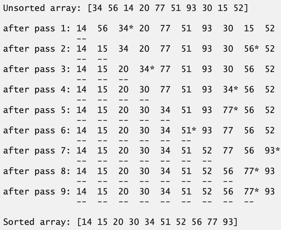 <p>In ascending order: <span style="background-color: transparent; font-family: "Josefin Sans", sans-serif;"><span>its first iteration selects the </span></span><span style="background-color: transparent;"><span>lowest value </span></span><span style="background-color: transparent; font-family: "Josefin Sans", sans-serif;"><span>in the array and swaps it with the first element. The second iteration selects the second-lowest value (which is in the unsorted portion to the right of the sorted portion) and swaps it with the second element. The algorithm continues until the numbers are in increasing order</span></span></p>