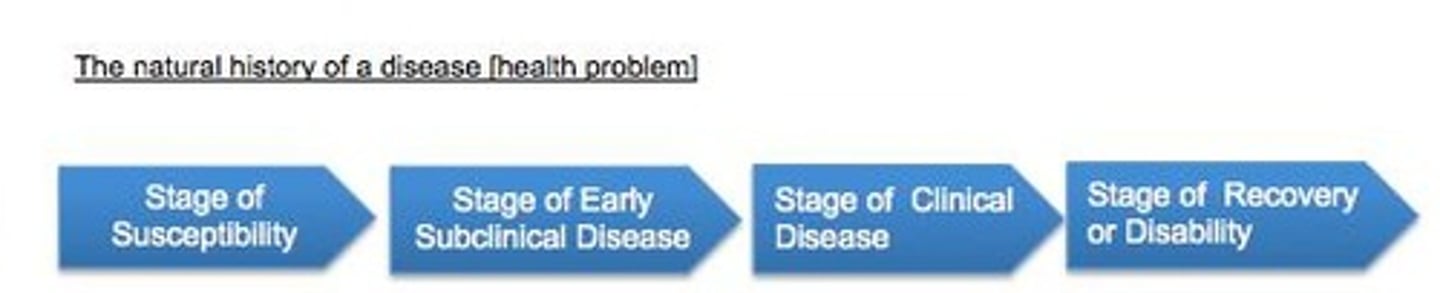 <p>Stage of susceptibility, early subclinical disease, clinical disease, recovery or disability.</p>