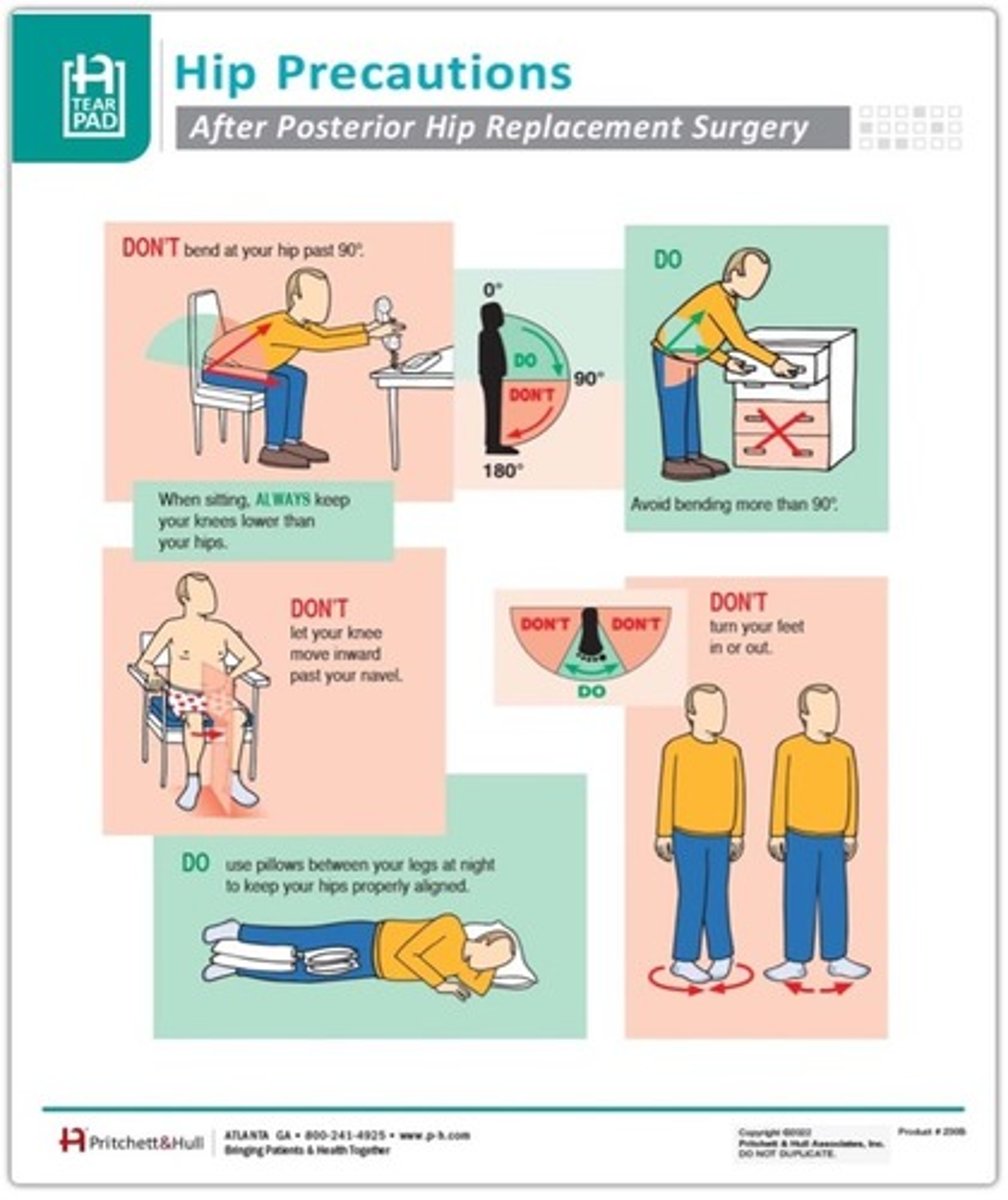 <p>-No bending past 90 degrees<br>-No crossing legs<br>-No twisting on operated hip (turning toes in/out)</p>