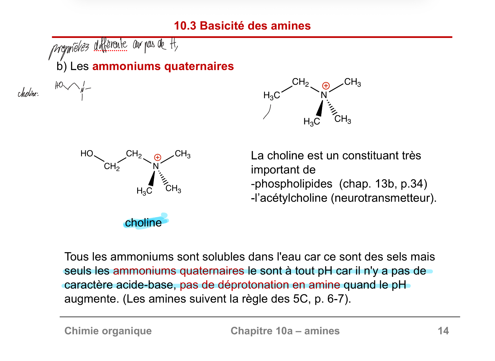 <p>soluble car la charge positive sur N va attirer les pôles négatives de H2O encerclant le groupe.</p><p>A tout pH car il devient chargé positivement grâce a 4 groupes méthyles, n’a pas besoin d’être protonée par un H+ comme l’aurait été les primaires, secondaires, et tertiaires.</p>