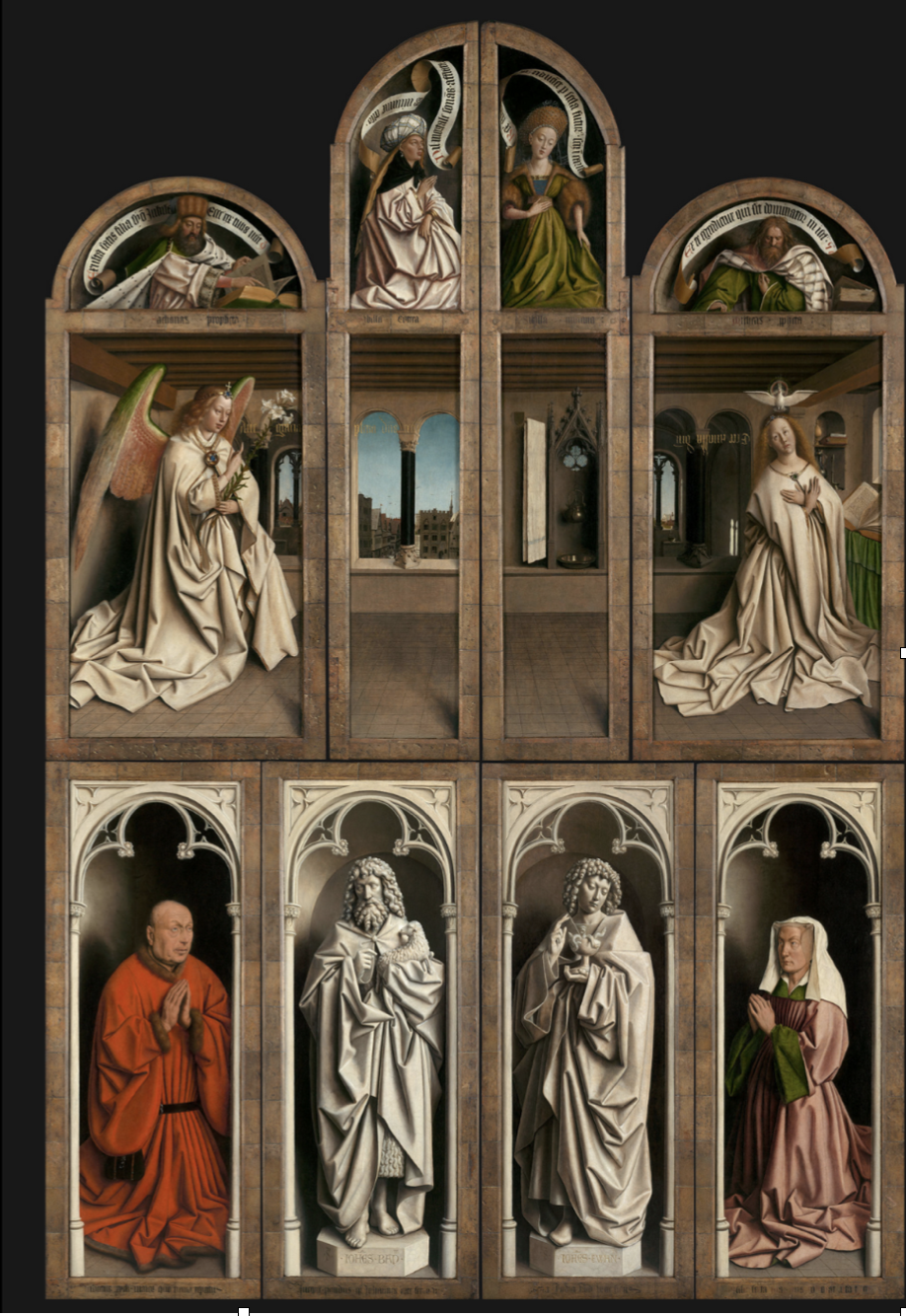 <ul><li><p>oil on wood</p></li><li><p>&nbsp; Mult-panel altarpiece</p><ul><li><p>Polyptych altar</p></li></ul></li><li><p>Commissioned to show wealth and penance/salvation</p></li><li><p>Almost burned by Calvinists</p></li><li><p>Stolen many times</p></li><li><p>Top part</p><ul><li><p>Gabriel come to virgin Mary&nbsp;</p></li></ul></li><li><p>grisaille or something</p></li><li><p>Early mother European&nbsp;</p></li><li><p>Donors on bottom far left/right</p><ul><li><p>Common donor pose</p></li></ul></li><li><p>Words going across panels to Mary again</p></li><li><p>Too large for space they’re in, shows interest in light for revealing different textures</p></li><li><p>The clock thing is symbolic of Mary’s purity</p></li></ul>