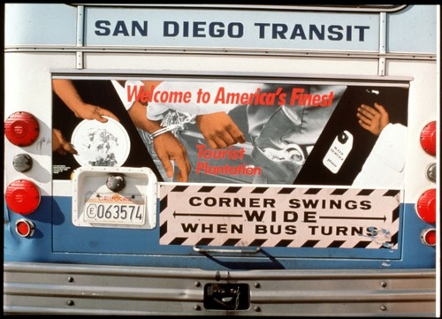 <p>1988 bus ads on the US treatment of immigrants</p>