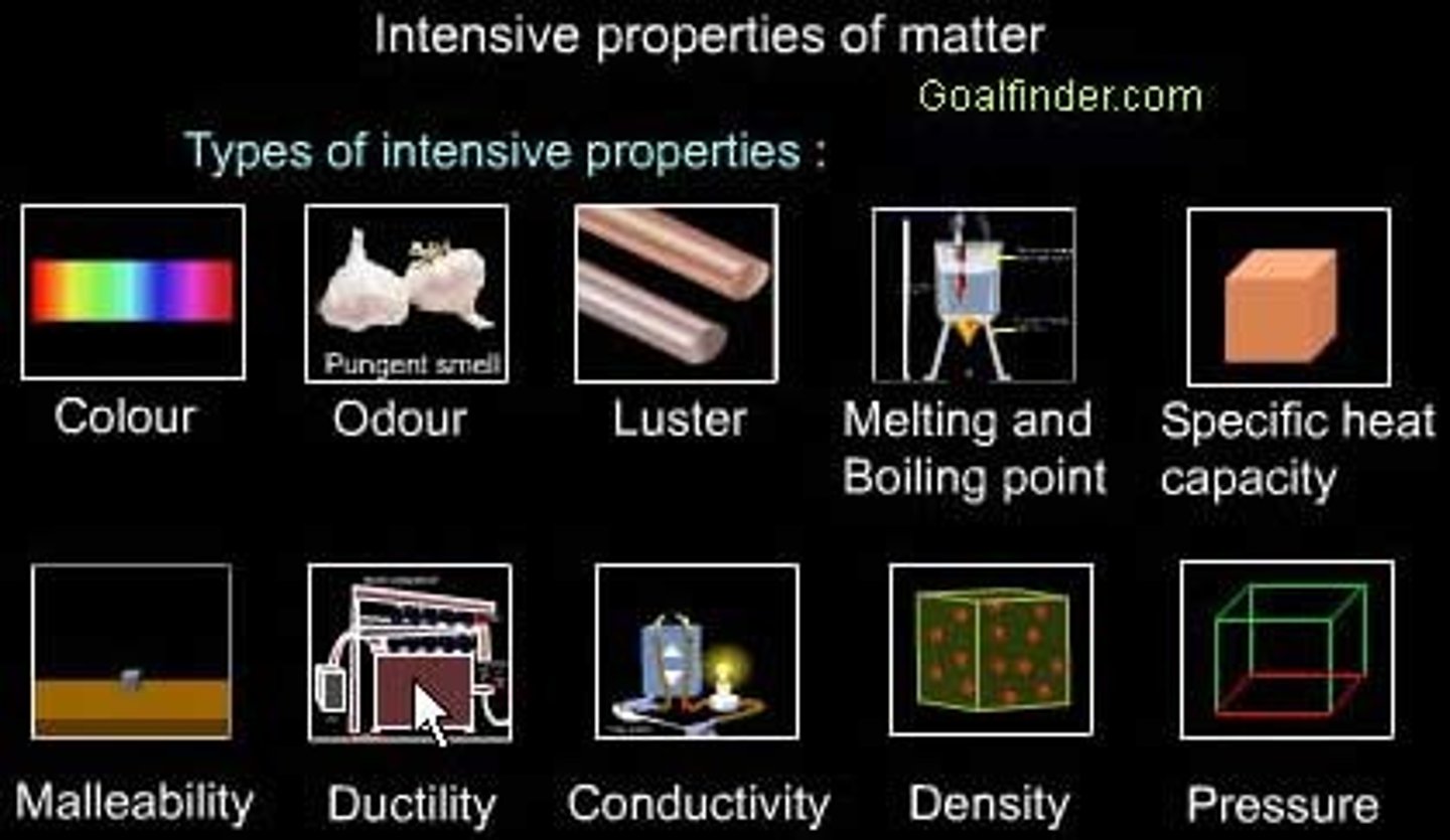 <p>properties that do not depend on the amount of matter present</p>