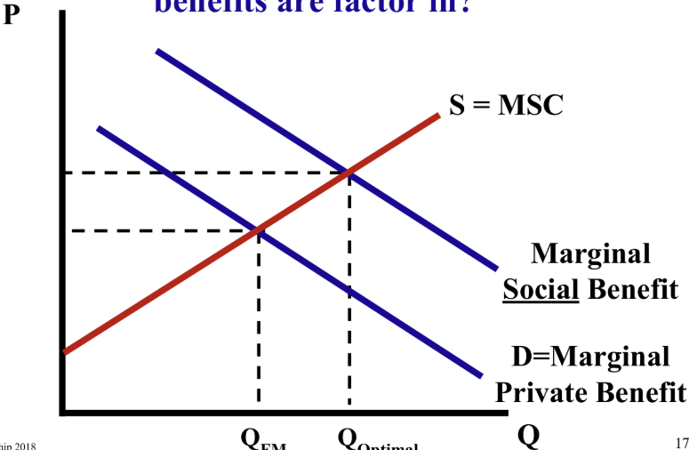 <p>In a market for flu shots (positive externality), what happens at Q<sub>FM</sub>?</p>