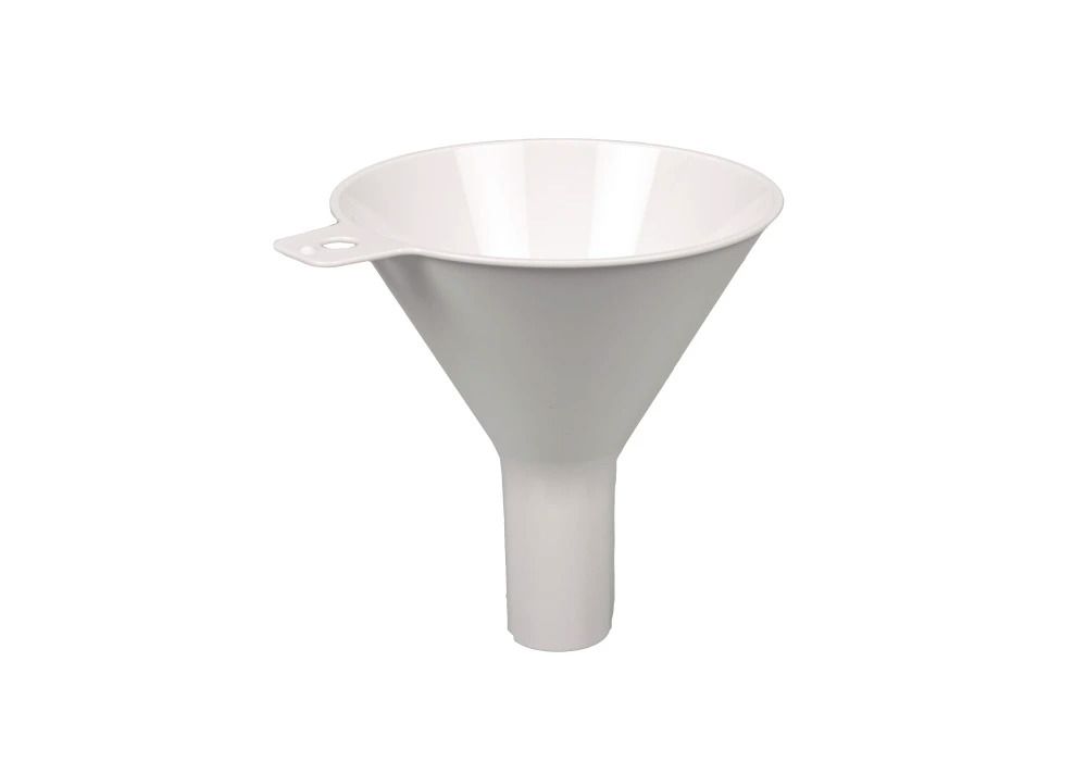 <p>A powder funnel is a funnel specifically designed for transferring powdered substances into containers with narrow openings. It typically has a wide, conical shape with a short stem. The wide opening allows for easy pouring of powders, while the narrow stem helps to control the flow and prevent spillage. The shape of the funnel also helps to minimize the formation of air pockets, ensuring a smooth and efficient transfer of the powder.</p>