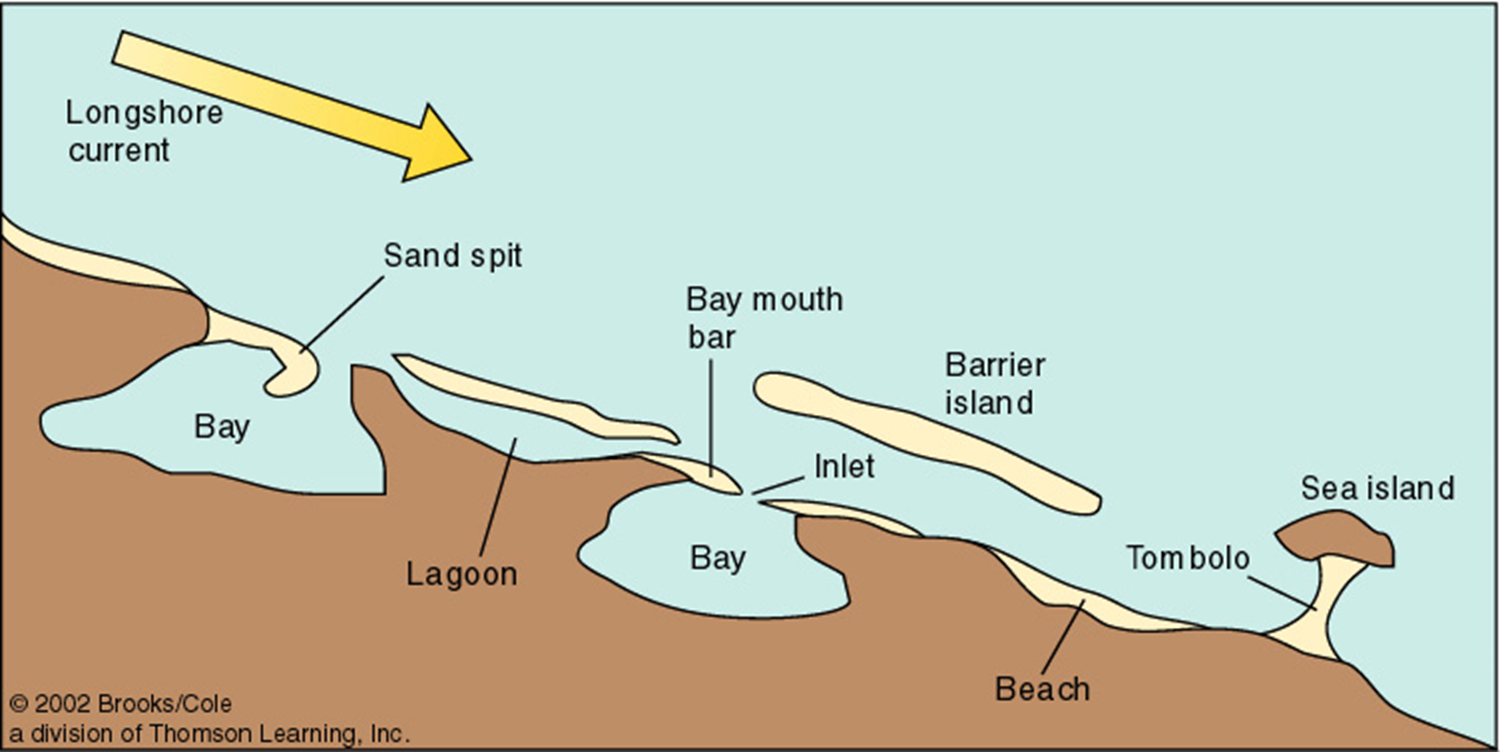 <p>linear ridge of sediment extending from longshore drift direction into a bay</p>