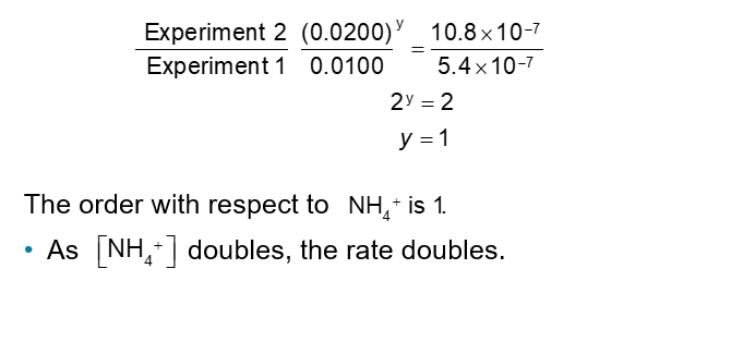 <p>Finding <em>y</em>: In experiments 1-3, the NO<sub>2</sub><sup>-</sup> concentration is constant, so any change in rate is due to [NH<sub>4</sub><sup>+</sup>]</p>