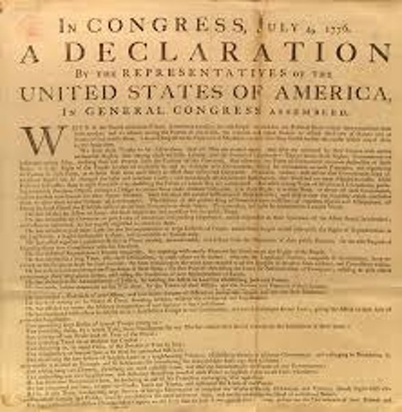 <p>-1776-Colonies declared independence from Britain<br>-Based on the ideas of John Locke and Charles de Montesquieu<br>-Written by Thomas Jefferson<br>-A list of grievances (complaints) against King George</p>