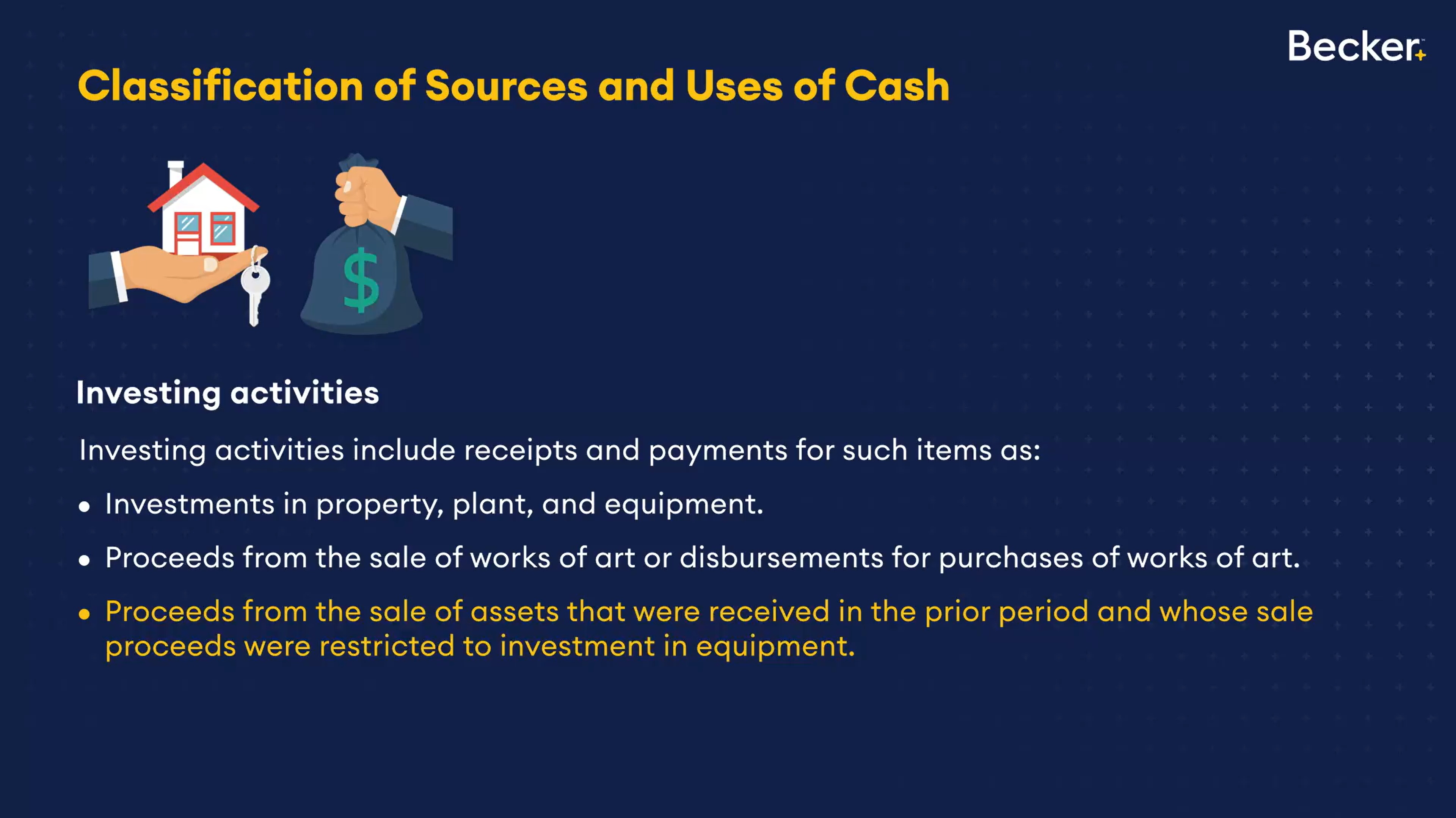 <p>Also includes buying and selling of fixed assets(<strong>But not if the asset was donated and then sold. Non profit has to buy on its own and sell</strong></p>