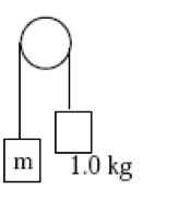 <p>One end of a massless rope is attached to a mass <em>m</em>; the other end is attached to a mass of 1.00 kg. The rope is hung over a massless frictionless pulley as shown in the below figure. Mass <em>m </em>accelerates downward at 5.0 m/s<sup>2</sup>. What is <em>m</em>?</p>