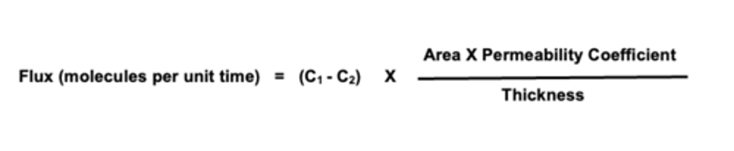 <p>Flux (molecules per unit time) = (C1-C2) x Area X Permeability Coefficient/Thickness</p>