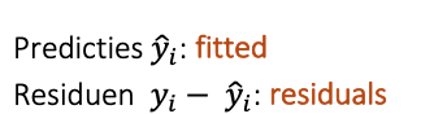 <p>Fitted = predicties ŷᵢ</p><p>Residuals = verschil tussen de geobserveerde waarde en de predictie (verticale afwijking tussen een geobserveerde waarde en de voorspelde waarden) yᵢ- ŷᵢ</p>