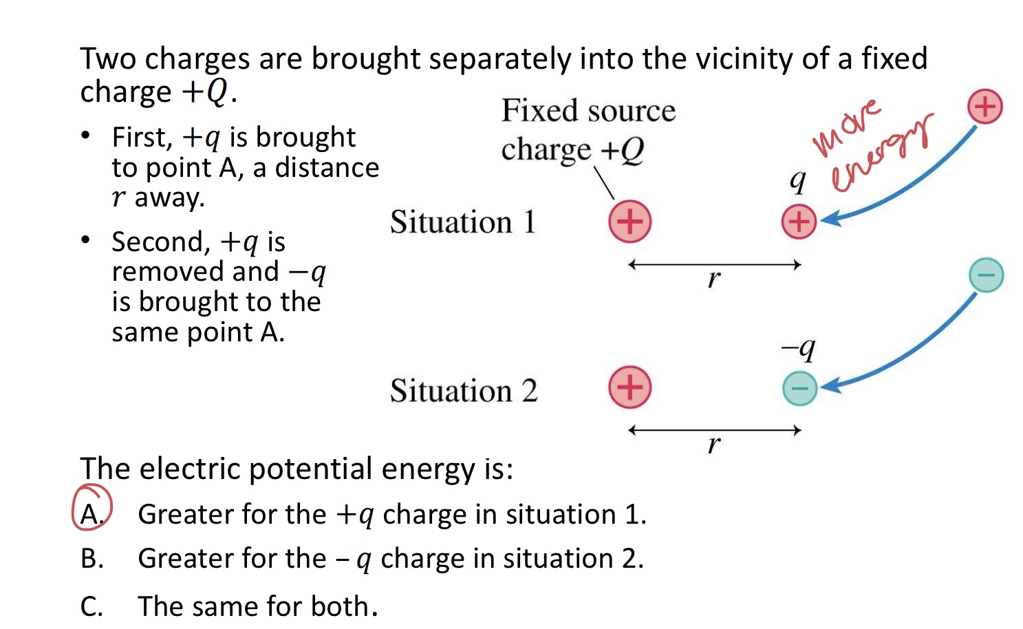 <p>Two charges are brought separately into the vicinity of a fixed charge +𝑄. </p><p>• First, +𝑞 is brought to point A, a distance 𝑟 away. </p><p>• Second, +𝑞 is removed and −𝑞 is brought to the same point A.</p><p>The electric potential energy is:</p><p>A. Greater for the +𝑞 charge in situation 1.</p><p>B. Greater for the – 𝑞 charge in situation 2.</p><p>C. The same for both. </p><img src="blob:null/e56b4fe8-f893-460d-9822-64372c824c4d">