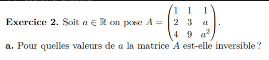 <p></p><p>b. déterminer son inverse dans le cas a =1</p><p>c. Résoudre dans le cas général AX = 03,1 d’inconnue X ∈ M3,1(R) selon la valeur de a</p>