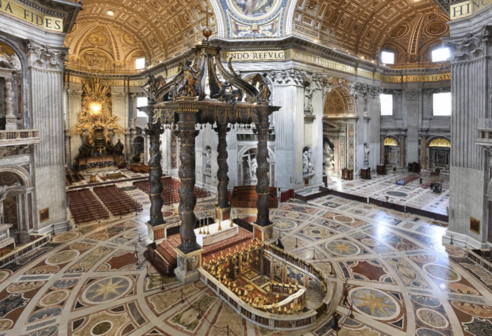 <p>Bernini, Baldacchino (canopy), St. Peter’s, Vatican, 1624–33. Gilt bronze. Approx 100’ H</p>